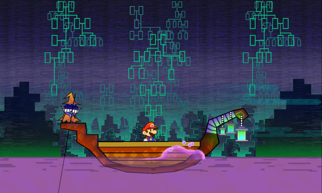 Charold ferrying Mario across the River Twygz in the Underwhere