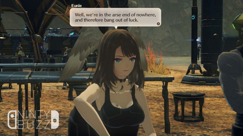 The character Eunie, who has a pair of small wings growing out of her head, sitting down casually in an open-air canteen in a desert scene. She is saying "Well, we're in the arse end of nowhere, and therefore bang out of luck."