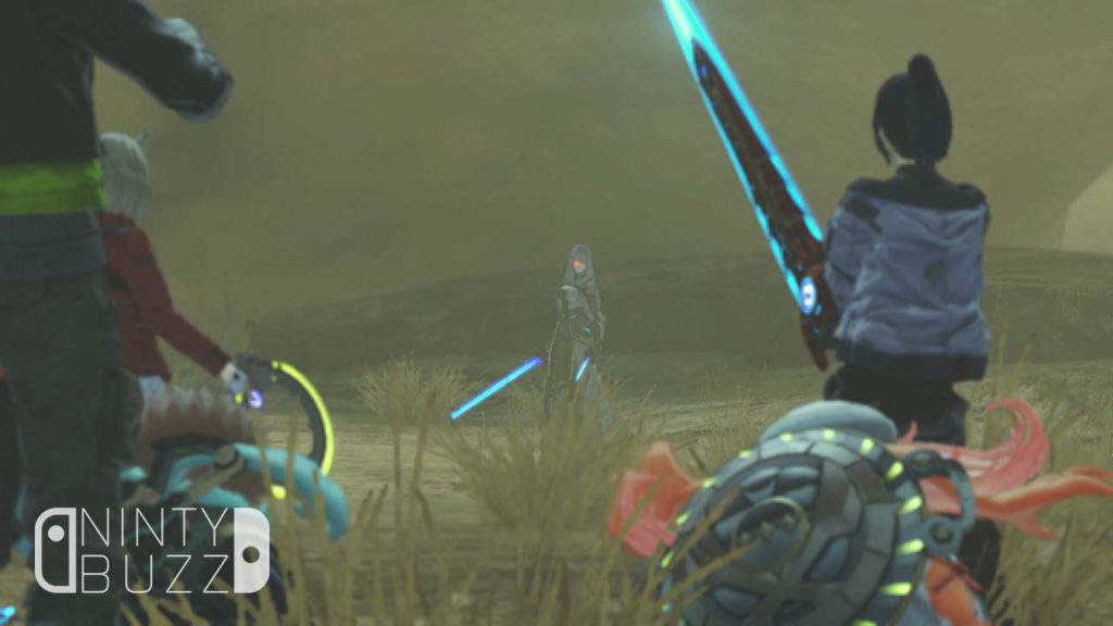 An ominous scene during a sandstorm where the cast have their weapons drawn, facing off against a female commander with a glowing red right eye. She is wielding a pair of glowing blue rapiers.