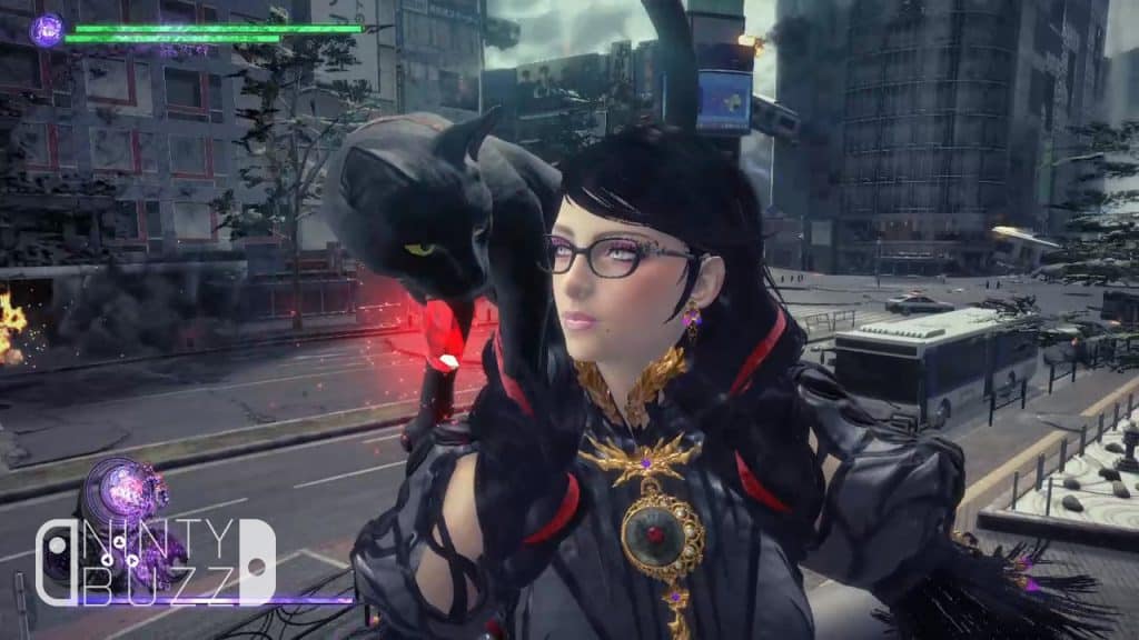 Bayonetta in a ruined cityscape with a cat perched on her shoulder.