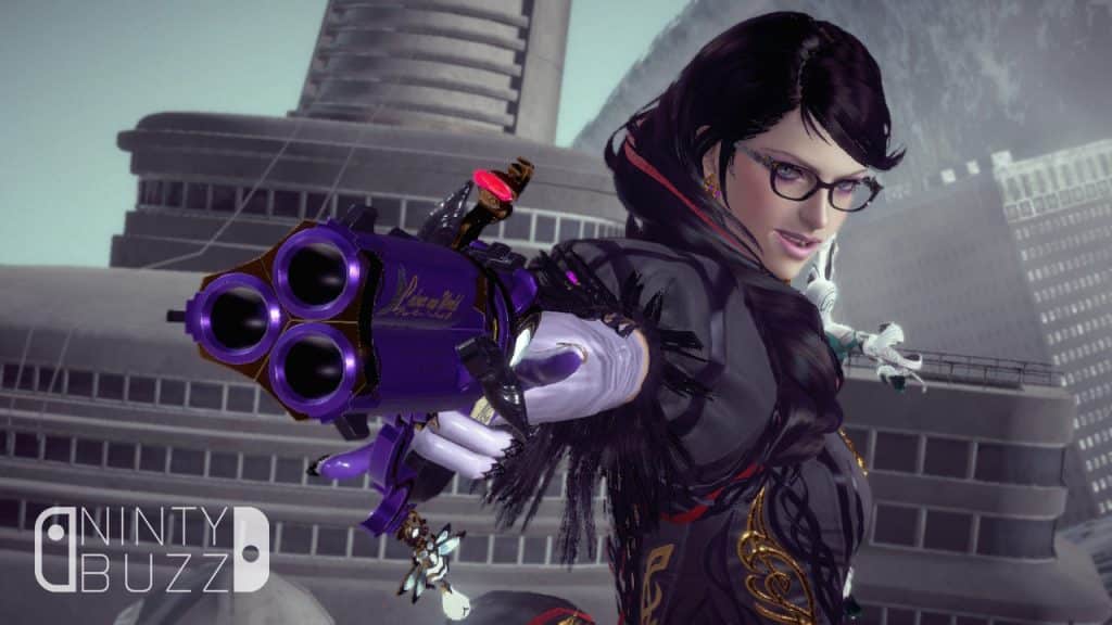 Bayonetta smirking and pointing a purple coloured, three barrelled handgun towards the camera. A cruise ship can be seen behind her and a tidal wave within a destroyed city is in the background.