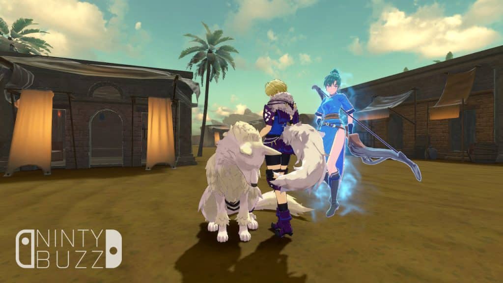 The character Merrin petting her wolf companion in a desert town, with Emblem Lyn floating alongside her.