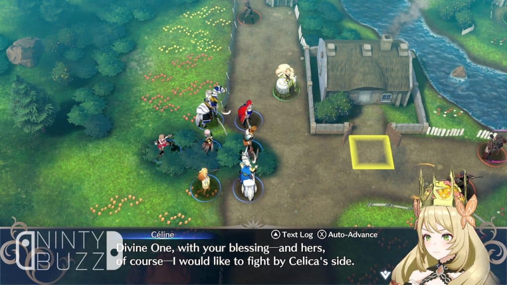 A scene from the grid-based tactical view of a scenic town. The princess Céline speaks to Alear, saying: "Divine One, with your blessing—and hers, of course—I would like to fight by Celica's side."
She refers to the Emblem Celica.