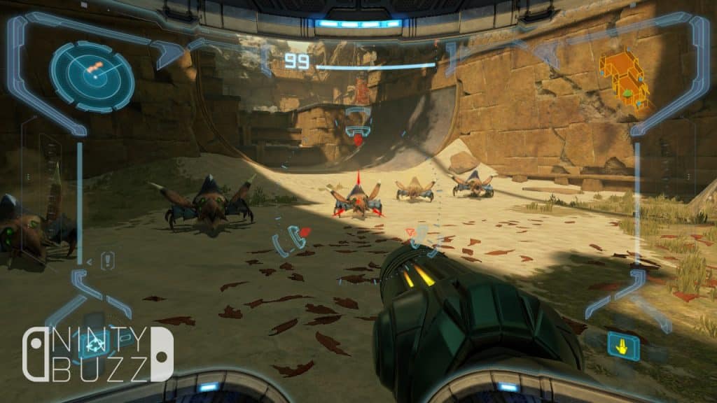 A view from behind Samus' visor, with her aiming her arm cannon at a group of alien insects in an arid temple grounds.