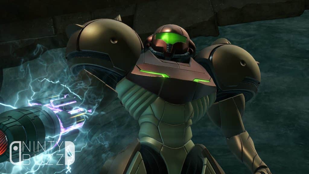 Samus Aran in her Varia Suit, notable for its large shoulder pads.